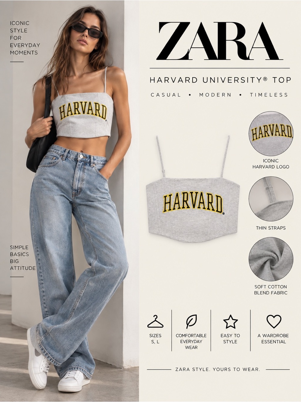 ZARA Gray Marl Harvard University Cropped Cami Top S L NWT 0264/362